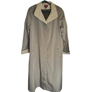 NWOT Gallery Size 12 Long Trench Coat Khaki Green Beige With Hood Rain Coat Line